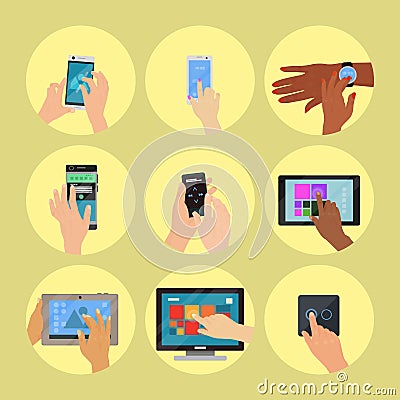 Users hands on keyboard computer touch gestures technology internet work swipe typing tool vector illustration. Vector Illustration