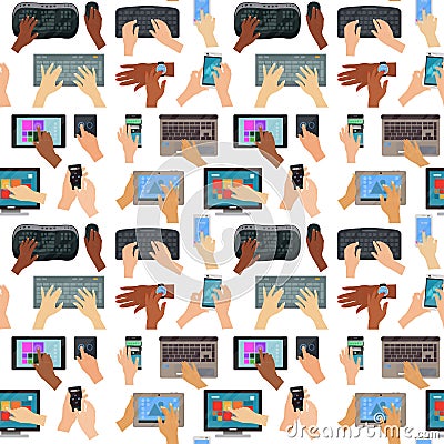 Users hands on keyboard computer seamless pattern background touch gestures technology internet work swipe typing tool Vector Illustration