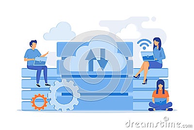 Users with laptops working with database. Data storage and organization, Vector Illustration