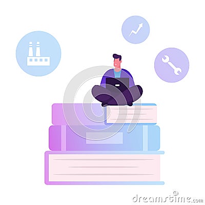 Users Manual Brochure, FAQ Concept. Man Sitting on Huge Pile of Books with Laptop Writing Manual Guidance Book Vector Illustration