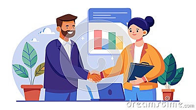 This uses a zoom-out shot to transition from a close-up of a confident handshake to a broader view of the successful interview Stock Photo