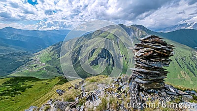 Ushguli - Panoramic view on the mountain village of Ushguli in Caucasus Mountain Range in Georgia Stock Photo