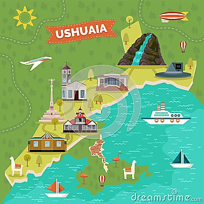 Ushuaia town map with sights, landmark advertising Vector Illustration