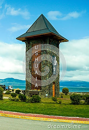 Welcome to Ushuaia sign. It is the southernmost city in the world Editorial Stock Photo