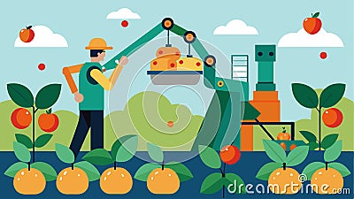 Using advanced sensors and algorithms robotic fruit pickers work tirelessly in the fields identifying and selecting only Vector Illustration