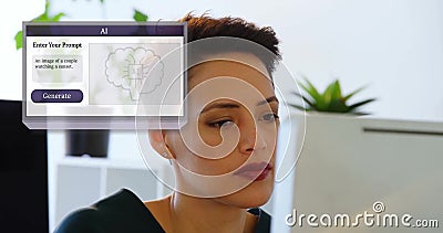 Using AI software, woman generating image prompt on computer screen Stock Photo