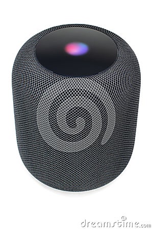 Using an Apple HomePod speaker on white Editorial Stock Photo