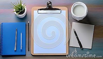 Using a clipboard for organizing and managing information, featuring elements like a clipboard, paper sheets, and writing tools, Stock Photo
