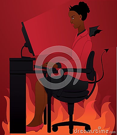 Bad work ethics. Using computer with bad conscience. Vector Illustration