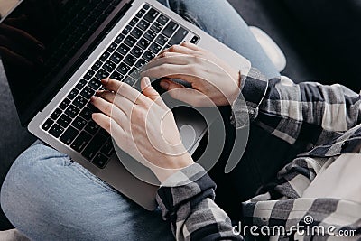 using computer, hand typing message on keyboard laptop Stock Photo