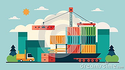Using a crane and precision equipment to stack modular shipping containers creating a unique and sustainable building Vector Illustration