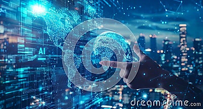 By using 3D rendering, a businessman activated a flying earth network interface Stock Photo