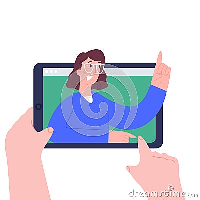 Using digital tablet pc for distance lessons, video course, web seminar, internet class, personal teacher service.Online Vector Illustration