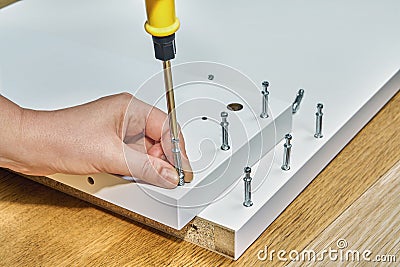 Using furniture fasteners for mounting the flatpack. Stock Photo