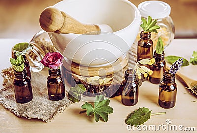 Using herbal essential oils in beauty products concept. Stock Photo