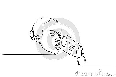 Using inhalers to treat asthma, asthmatics, salbutamol, Asthma inhaler, medical supplies, equipment one line art Vector Illustration