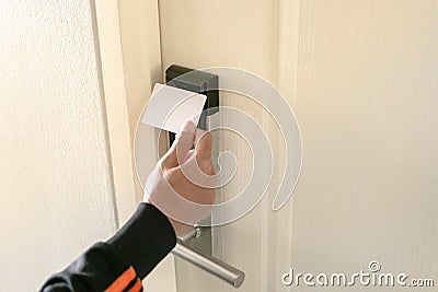 Using Keycard To Open The Door or Scan Keycard open door for chance Stock Photo