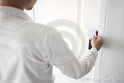 Using Keycard To Open The Door or Scan Keycard open door for chance Stock Photo