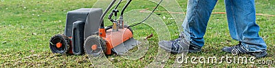 Using a lawn thatcher Stock Photo