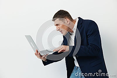 Man businessman adult handsome working man laptop internet caucasian technology computer business person young Stock Photo