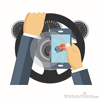 Using mobile phone while driving. Flat vector illustration Vector Illustration