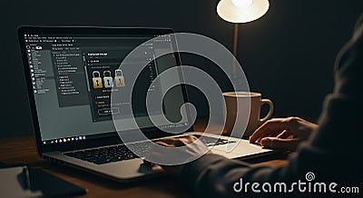 Using Password Manager on Laptop for Secure Online Data Protection Stock Photo
