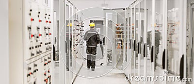 Using protective relay and medium voltage switchgear. Engineering department Stock Photo