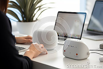 Using Smart Assistant Device to Set Reminders and Give Voice Commands During Daily Tasks Stock Photo