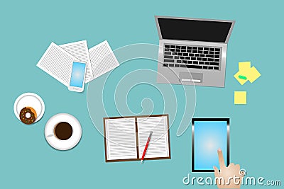 Using the tablet on office desk Vector Illustration