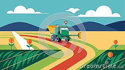 Using tingedge GPS technology an automated harvester follows precise paths in the field ensuring full coverage and Vector Illustration