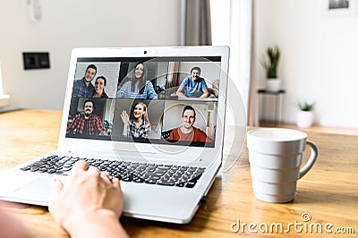 Video meeting on laptop screen, zoom app Stock Photo