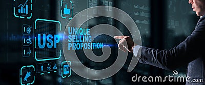 USP. Inscription Unique selling proposition on Virtual Screen. Marketing and technology concept. Stock Photo