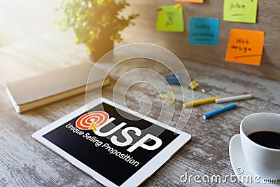 USP - Unique selling propositions. Business and finance concept on device screen. Stock Photo