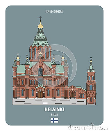 Uspenski Cathedral in Helsinki, Finland. Architectural symbols of European cities Vector Illustration