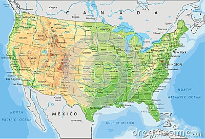 High detailed United States of America physical map with labeling. Vector Illustration