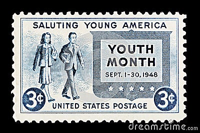 1948 Saluting Youth Month 3 cent America Postage Stamp - United States Post Office Editorial Stock Photo