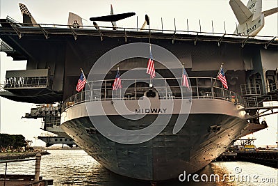 USS Midway rear view in San Diego Harbor Downtown Editorial Stock Photo