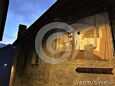 Usseaux village in Piedmont region, Italy. Narrow splendid street, art and peace Editorial Stock Photo