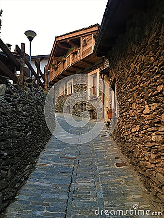 Usseaux village in Piedmont region, Italy. Narrow splendid street, roof and peace Stock Photo