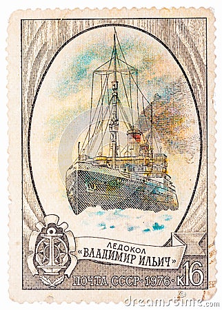 Postage Stamp Shows Russian Icebreaker Vladimir Ilich Editorial Stock Photo