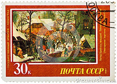 Stamp printed in the Russia, shows draw by artist Pieter Bruegel Jr - Adoration of the Magi Editorial Stock Photo