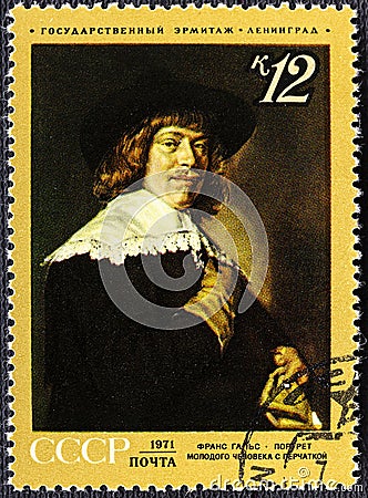 USSR - CIRCA 1971: A stamp printed in the USSR shows draw of artyist Frans Hals Portrait of the young man with a glove Editorial Stock Photo