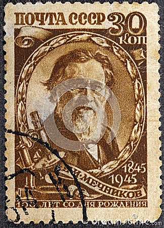 USSR - CIRCA 1945: A stamp printed in USSR shows Ilya Ilyich Mechnikov 1845-1916 , zoologist and bacteriologist, 1945 Editorial Stock Photo