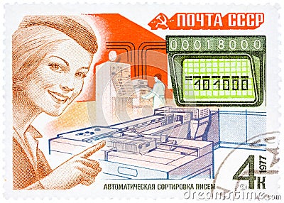 Stamp printed in USSR, shows mail processing (woman postal official) and automatic letter sorting machine Editorial Stock Photo