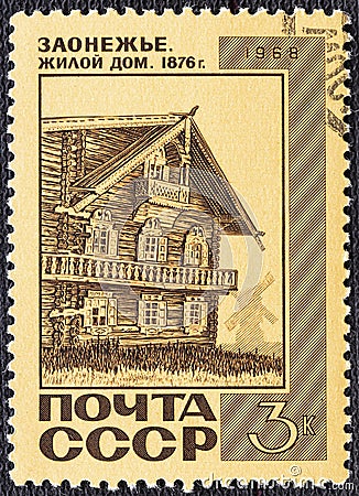 USSR - CIRCA 1968: A stamp printed in the USSR, shows old wooden house 1876 in northern russian village Zaonezhie Editorial Stock Photo