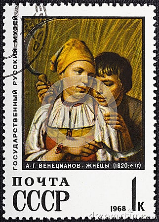 USSR - CIRCA 1968: A stamp printed in USSR shows a painting Reapers by Alexey Venetsianov Editorial Stock Photo