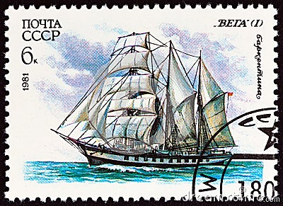 USSR - CIRCA 1981: A stamp printed in USSR from the `Cadet Sailing Ships` issue shows Barquentine Vega, circa 1981. Editorial Stock Photo