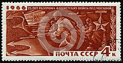 USSR - CIRCA 1966: stamp 4 Soviet kopek printed by USSR, shows Soviet Troops Advancing, 25th Anniversary of Battle of Moscow serie Editorial Stock Photo