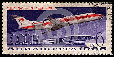 USSR - CIRCA 1965: Tupolev Tu-134 (NATO: Crusty), twin-engined, narrow-body, jet airliner Editorial Stock Photo