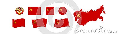 USSR flag set and map. Soviet Union coat of arms. Star, hammer and sickle icon. Communism vector illustration Vector Illustration